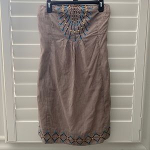 Anthropologie Brown and white striped/mustard and turquoise details dress